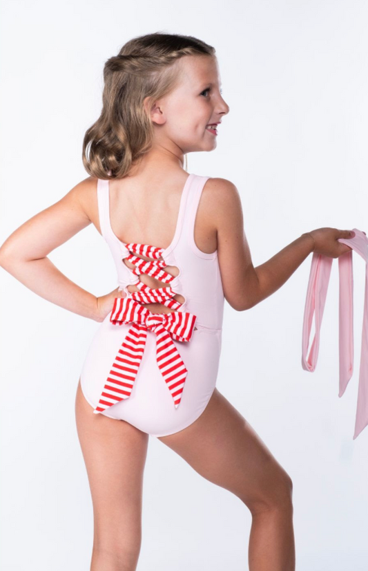 Roxie Dancewear | Lacey Leotard | Ballet Pink + Red