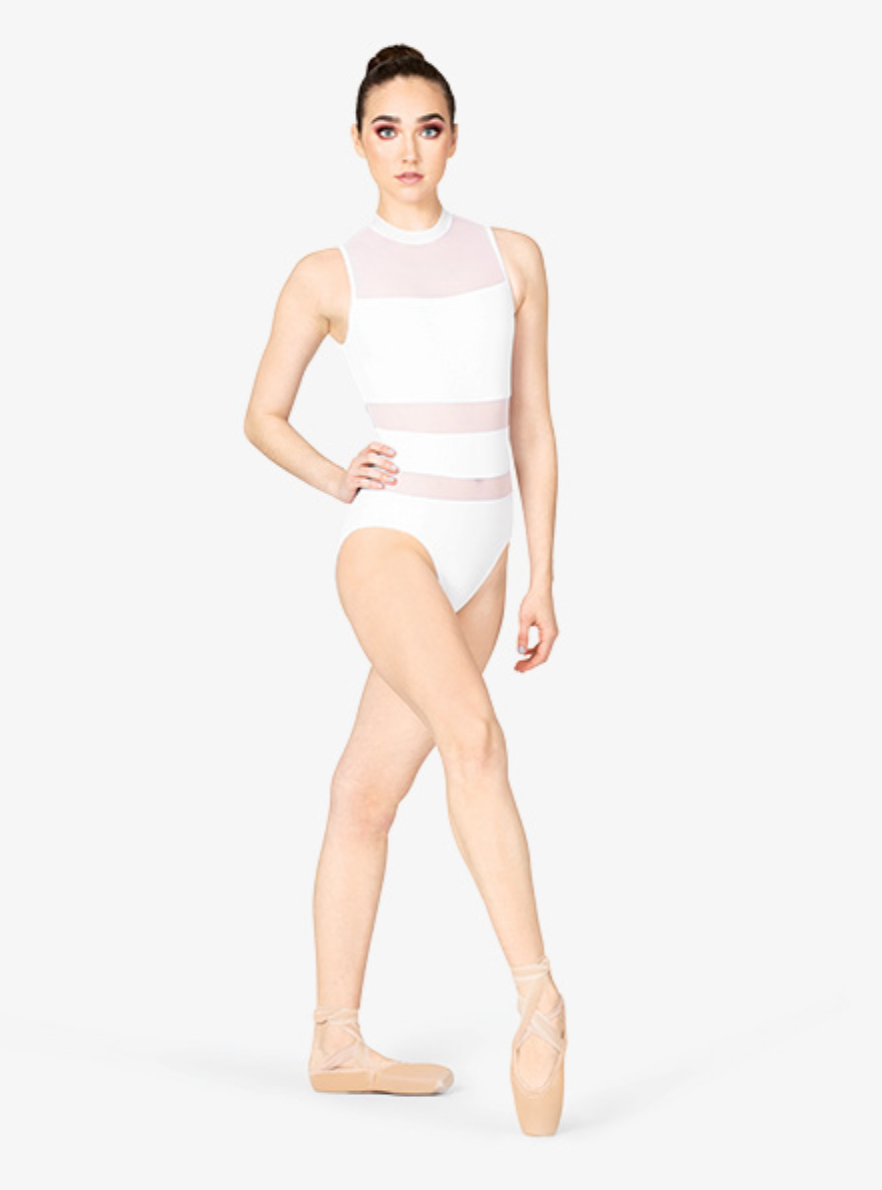 Mariia | High Neck Stripe Mesh Leotard | Snow