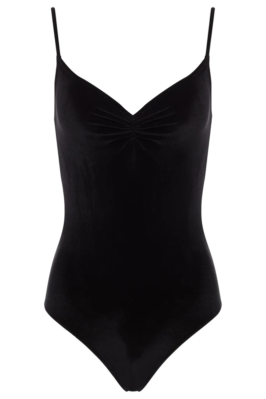 A simple black velvet leotard with a v-neck pinch front and spaghetti straps.