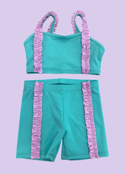 Teal & Lilac Ruffle Crop & Short Set