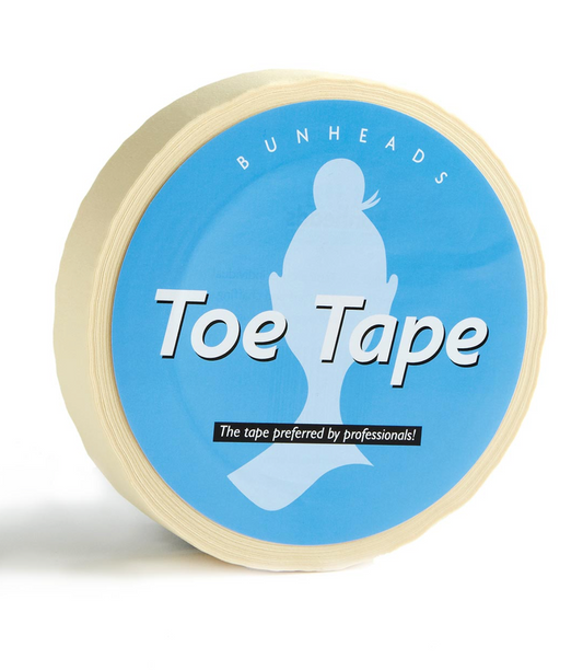 A roll of beige toe tape with light blue packaging and the silhouette of a ballerina. The label reads "Bunheads Toe Tape. The tape preferred by professionals!"