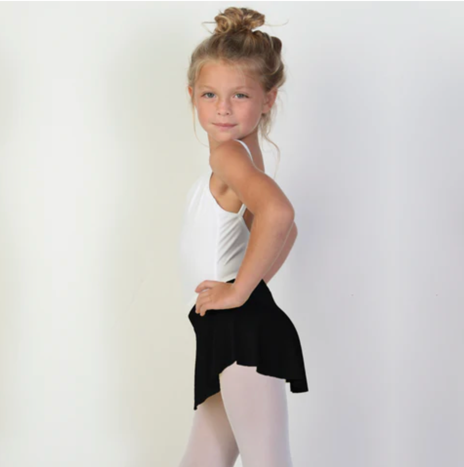 A young ballerina wears a black  flowy Bullet Pointe ballet skirt. 