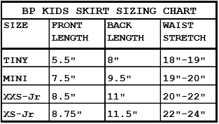 Bullet Pointe's kids' size chart for skirts sizes tiny through extra small junior. 