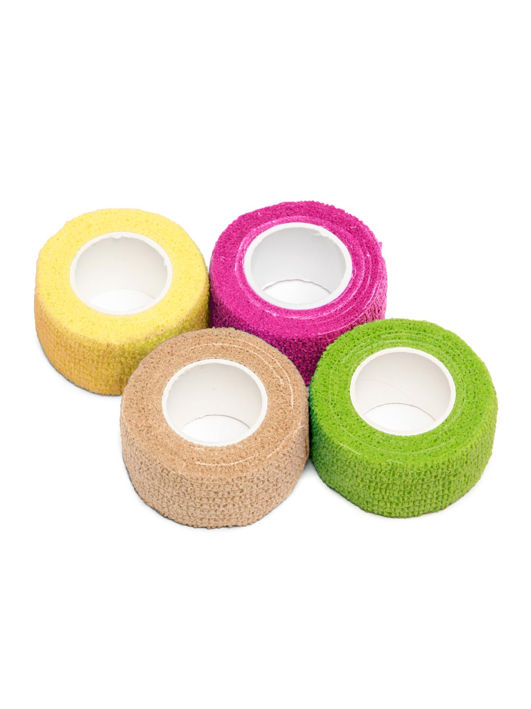 Four rolls of athletic tape, yellow, bright pink, nude and lime green.