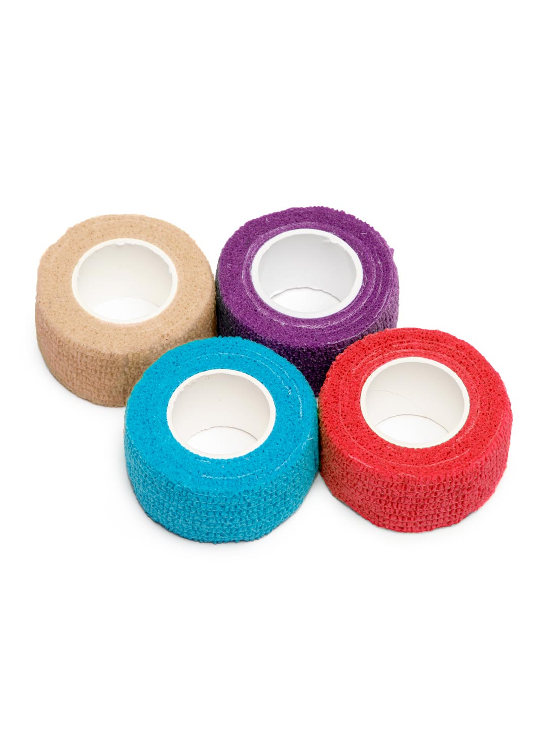 Four rolls of athletic tape, nude, purple, sky blue and red.